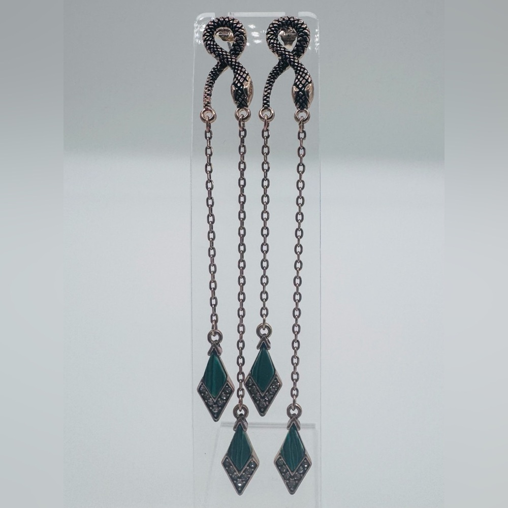 Gold Drop Serpent Snake w/ Green & CZ Stones Chandelier Earring Studs | NIB